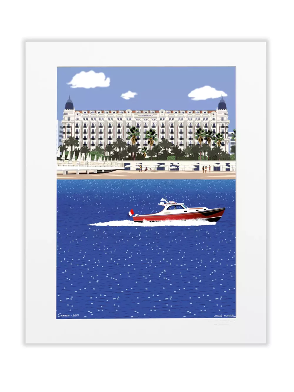 Affiche dessinée par Paulo Mariotti, ici il représente le Carlton, un des joyaux de la Croisette à Cannes, face à la Méditerranée. Construit en 1910 et classé monument historique