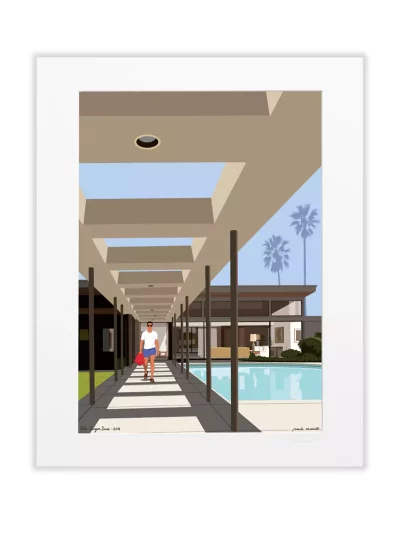 Affiche dessinée par Paulo Mariotti, ici il représente Twin Palms qui a été construit en 1947 par l’architecte Stewart Williams à la demande de Frank Sinatra.