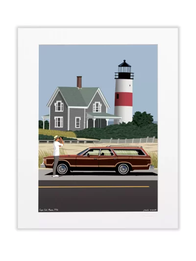 Affiche crée par Paulo Mariotti, ici il place son dessin en 1976, époque où de beaucoup d'américains viennent y passer l’été au bord de mer. Les traditionnelles maisons de style Cape Cod, de pêcheurs et baleiniers, alternent avec les phares...