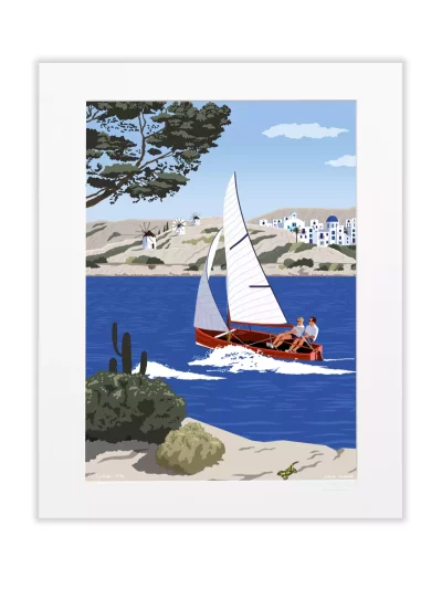 Affiche dessinée par Paulo Mariotti. Ici il joue avec le vent, et introduit un dériveur à pleine vitesse devant le paysage aride des Cyclades. Le Meltem est un vent qui requiert des navigateurs une certaine expertise.