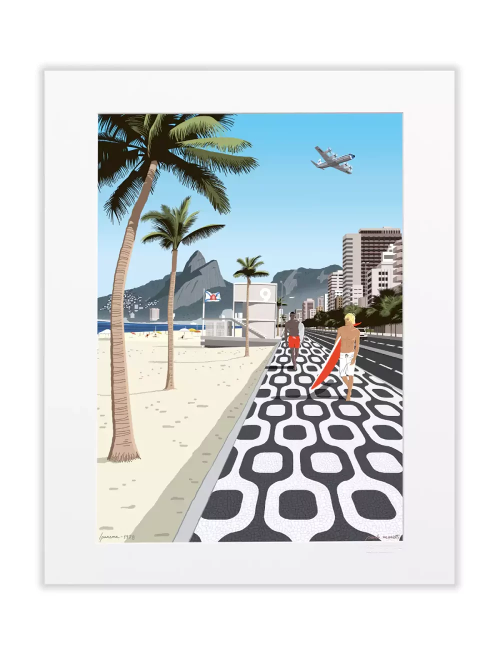 Affiche crée par Mariotti. L’avenue Vieira Souto longe la plage d’Ipanema à Rio, 2,6 km de sable que domine, au loin, la célèbre colline des « deux frères », Morro Dois Irmãos.