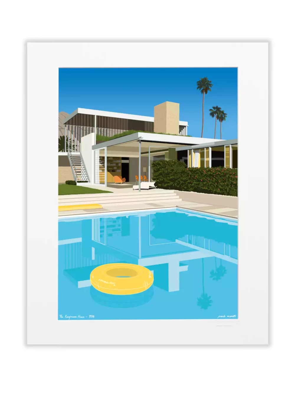 Affiche dessinée par Paulo Mariotti. Paulo Mariotti nous fait pénétrer cette fois dans la Kaufmann House, villa moderniste emblématique de Palm Springs et de l’architecture du XXème siècle, au soleil de la Californie.