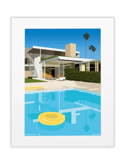 Affiche dessinée par Paulo Mariotti. Paulo Mariotti nous fait pénétrer cette fois dans la Kaufmann House, villa moderniste emblématique de Palm Springs et de l’architecture du XXème siècle, au soleil de la Californie.