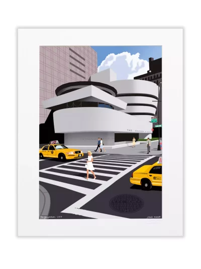 Affiche dessinée par Paulo Mariotti, ici il inscrit le Musée Solomon Guggenheim dans son environnement urbain, entre les lignes des passages piétons et celles des façades vitrées.