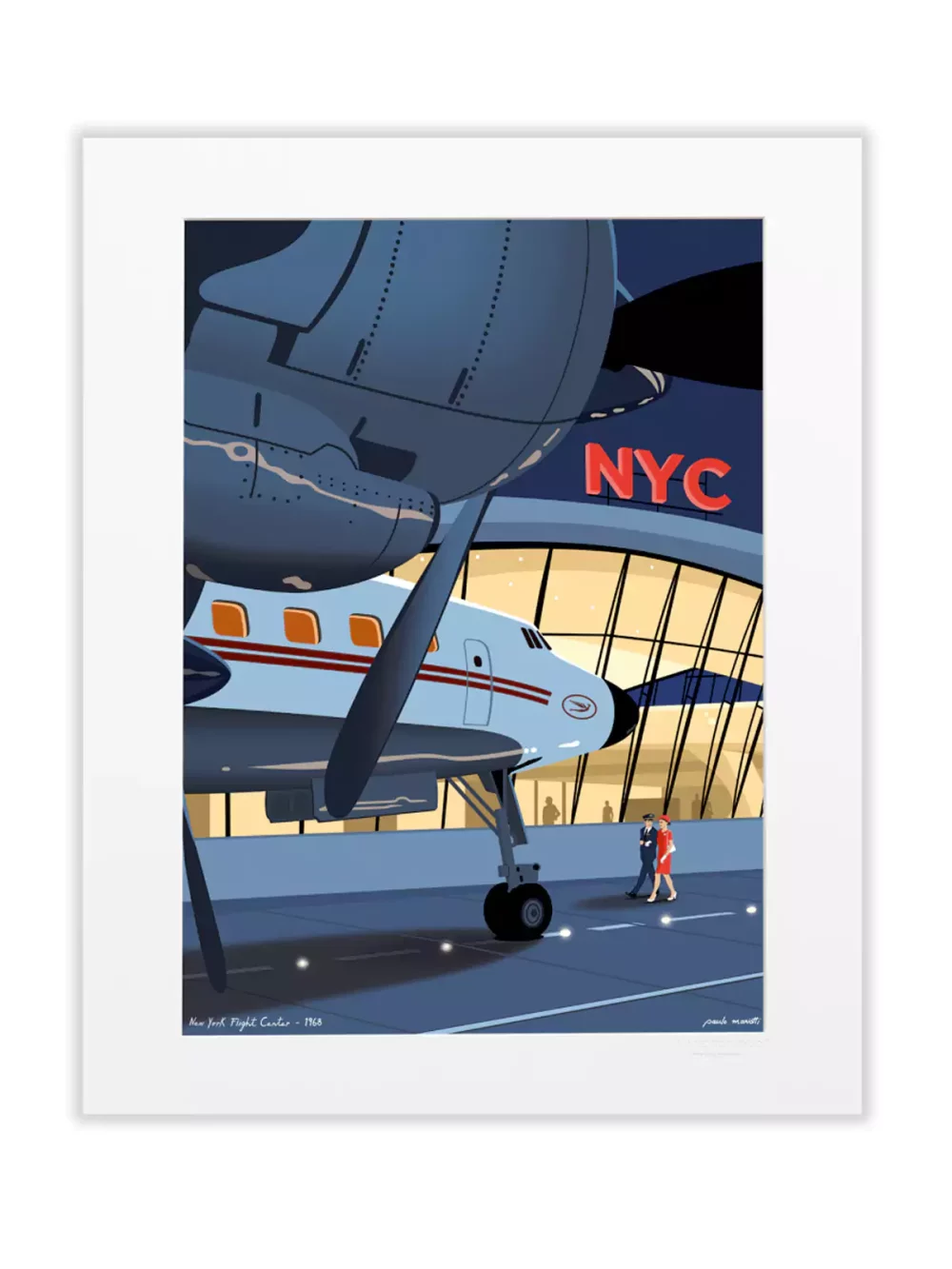 Affiche dessinée par Paulo Mariotti. Ici il représente une scène de nuit au New York Flight Center en 1968, au cœur de l’âge d’or de l’aviation civile.