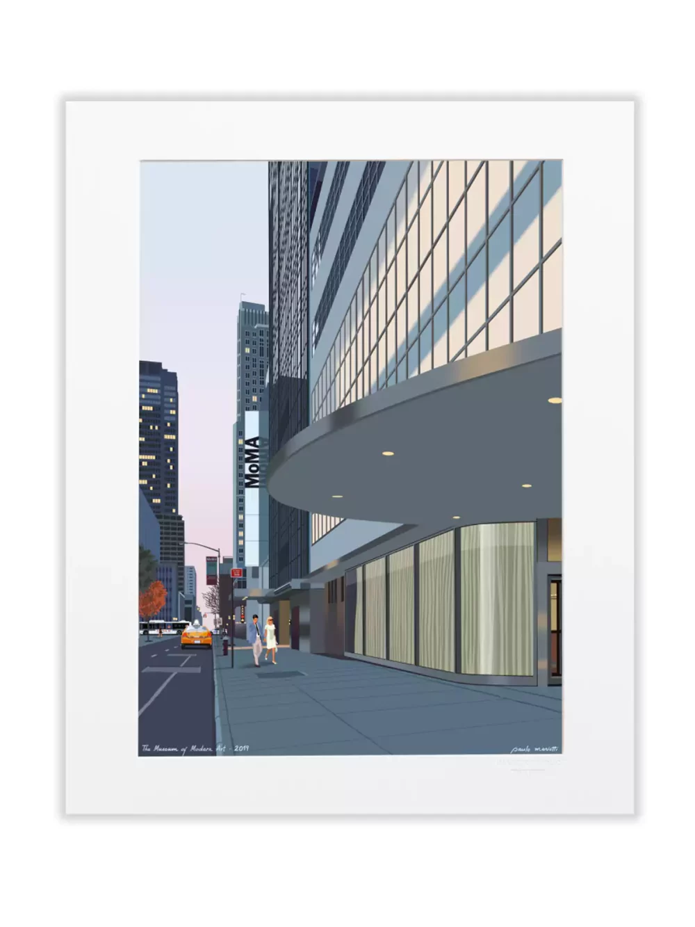 Affiche dessinée par Paulo Mariotti. Ici il représente le MoMA, Musée d’Art Moderne et Contemporain de New York qui se situe sur la 53 ème rue, au niveau de la prestigieuse 5 eme avenue.