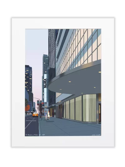 Affiche dessinée par Paulo Mariotti. Ici il représente le MoMA, Musée d’Art Moderne et Contemporain de New York qui se situe sur la 53 ème rue, au niveau de la prestigieuse 5 eme avenue.