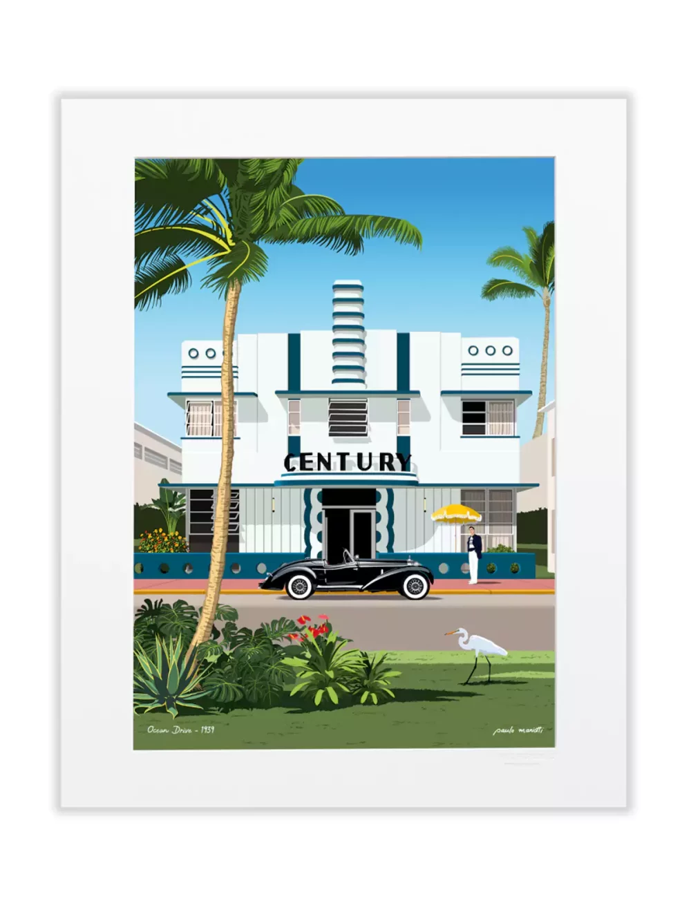 Affiche dessinée par Paulo Mariotti. Ici il représente Le Century Hotel situé au 140 sur Ocean Drive, la célèbre avenue de Miami Beach, dans le quartier de South Beach.