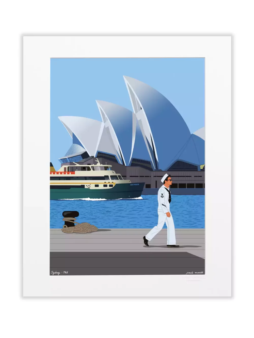 Affiche dessinée par Paulo Mariotti. Conçu par l’architecte danois Jorn Utzon, l’Opéra de Sydney a mis plus de 16 années pour être inauguré en 1973 par la Reine Elisabeth II.