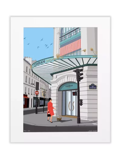 Affiche dessinée par Paulo Mariotti. Référence du design et du mobilier de style, "The Conran Shop" s’est installé à Paris, au 117 de la rue du Bac, au coin de la rue de Babylone, dans le 7 ème arrondissement, en 1992.