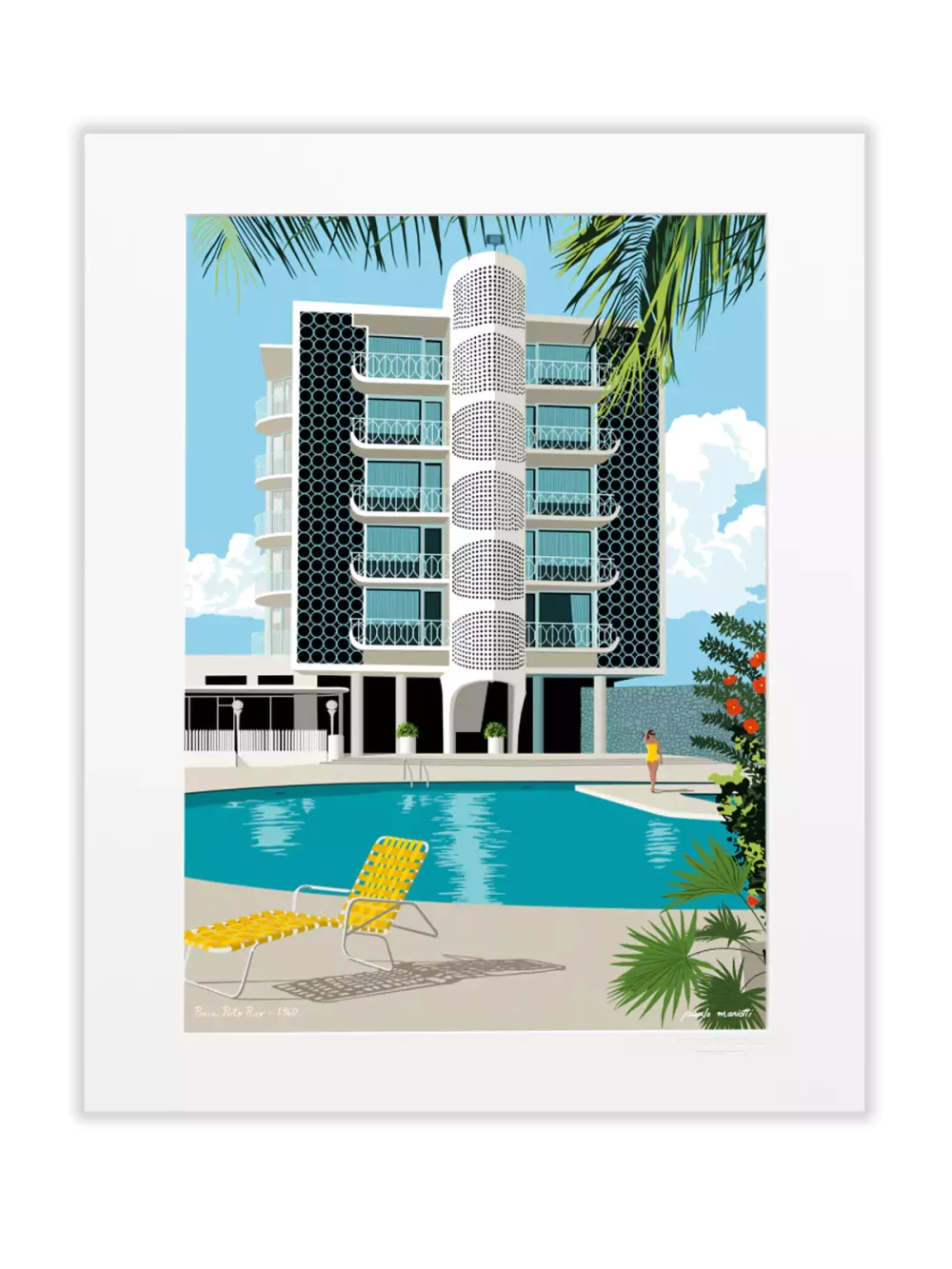 Affiche dessinée par Paulo Mariotti. Ici il ressuscite l'hôtel Intercontinental de Ponce, bijou de l’architecture moderniste, inauguré en 1960 sur l’île de Porto Rico.