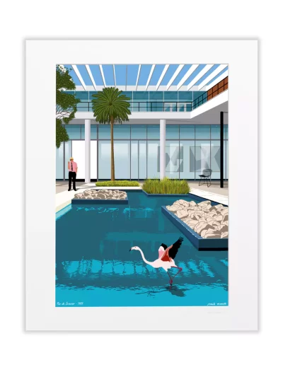 Affiche dessinée par Paulo Mariotti. D’architecture moderniste, le Musée d’Art Moderne de Rio conçu par Affonso Eduardo Reidy a été achevé en 1955. Il s’inscrit au cœur du Parc de Flamengo illustré par Robert Burle Marx.