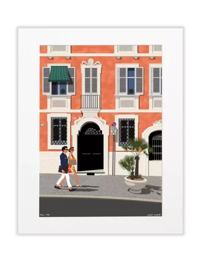 Affiche dessinée par Paulo Mariotti, ici le chic italien des années 70, mocassins et pantalon blanc, flirte avec le patrimoine sur les pavés romains, entre la Piazza Navona et la célèbre fontaine de Trevi...