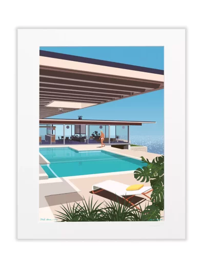 Affiche crée par Mariotti, la vue panoramique sur l’immensité de la ville devient un océan de reflets à l’infini, un jour d’été 1976. Construite par Pierre Koenig en 1959, la Stahl House surplombe Los Angeles depuis les collines d’Hollywood Hills.