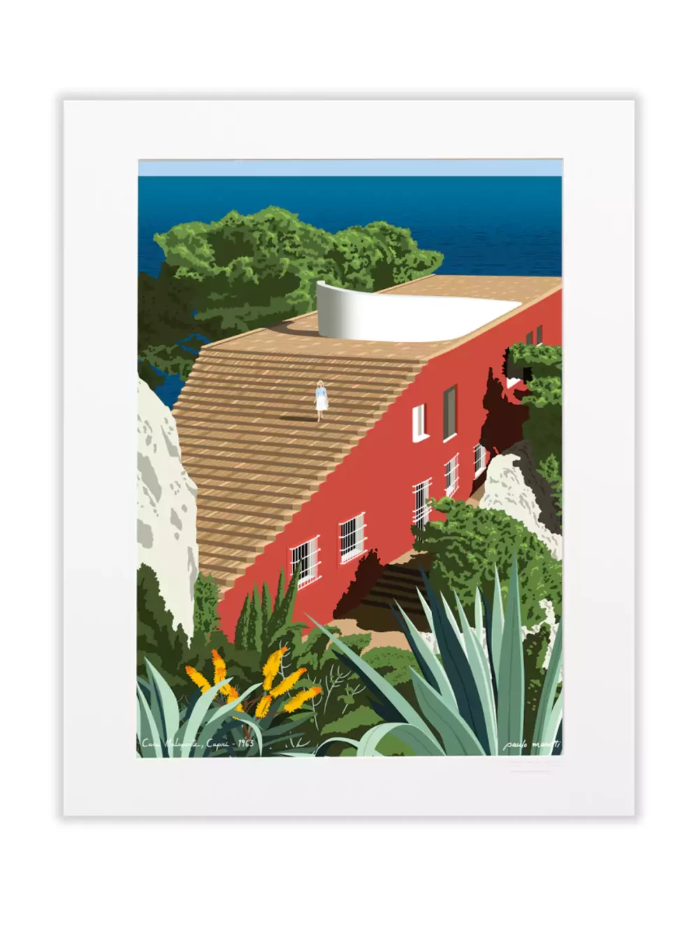 Affiche dessinée par Paulo Mariotti. Ici il représente la Villa Malaparte, à flanc de falaise sur l’île de Capri. Les illustrations de Paulo Mariotti sont une invitation au voyage, à une parenthèse dans un univers vintage et coloré, le temps d’un regard.