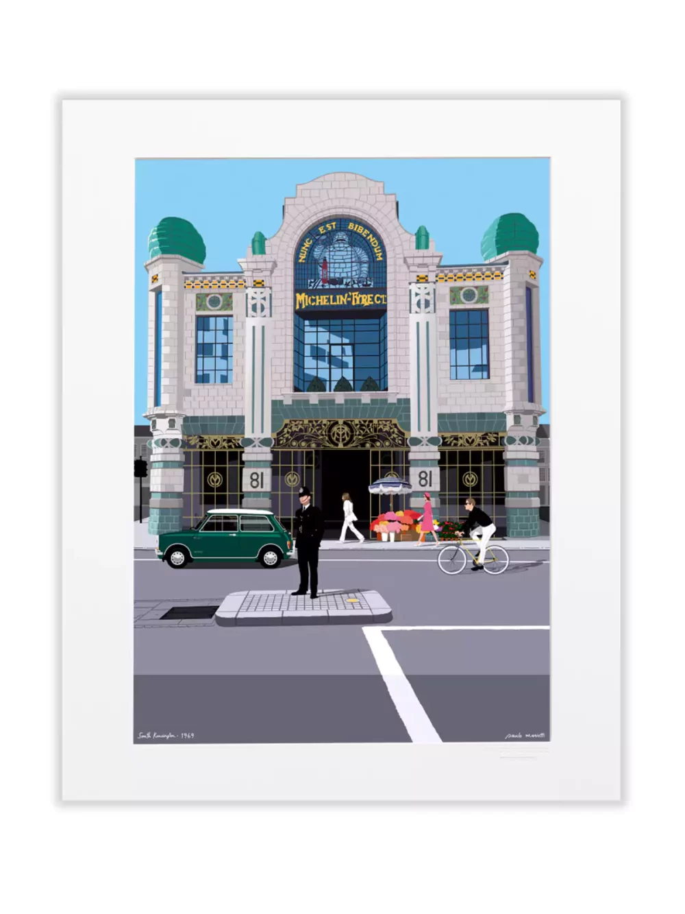 Affiche dessinée par Paulo Mariotti. Ici il représente la Michelin House au 81 Fulham road, dans le quartier de Chelsea, métro South Kensington, à Londres.