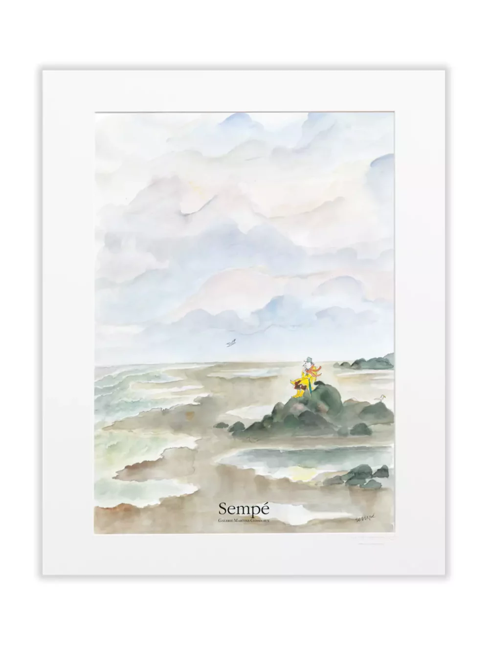 Affiche illustré par le dessinateur Sempé. Jean-Jacques Sempé esquisse un promeneur solitaire assis sur un rocher sur la côte maussade. Ciré jaune, parapluie, bottes en caoutchouc… Seul sur son rocher, il fait face à la mer.