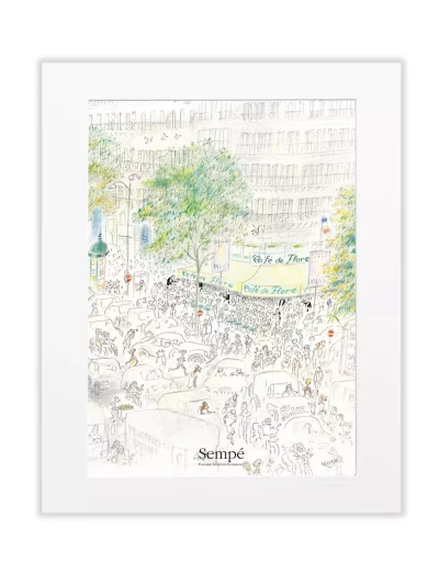 Affiche illustré par le dessinateur Sempé. On croise tout Paris à Saint-Germain-des-Prés ! Sous l’œil espiègle de Jean-Jacques Sempé, la terrasse du renommé café "Le Flore" se prolonge jusqu’aux embouteillages de voitures et de Parisiens sur le carrefour mythique.