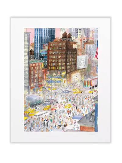 Affiche illustré par le dessinateur Sempé. Avec Sempé New York se pare d'une multitude de couleurs et de styles, à travers ses communautés, ses rites et son mouvement incessant.