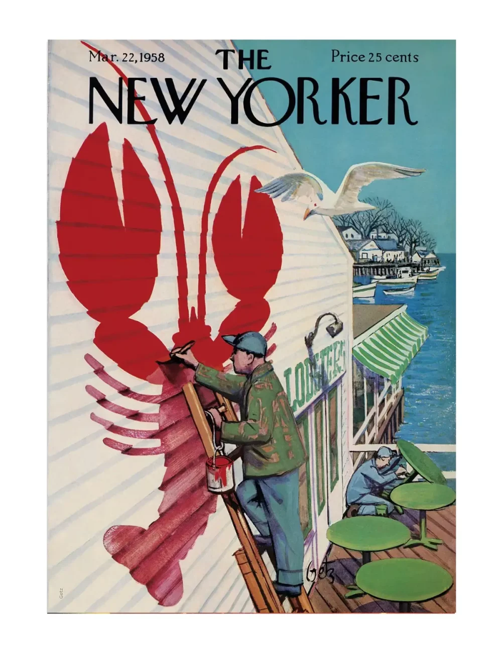 Savoureux mélange en couverture du New Yorker du 22 mars 1958, par Arthur Getz. Un homard peint sur la façade d’une boutique.