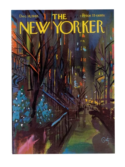 Noël approche, sous les pinceaux d’Arthur Getz, en couverture du New Yorker le 18 décembre 1965. La nuit étincelle de couleurs multiples.