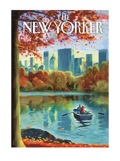 New Yorker du 12 novembre 2018 par Eric Drooker. Les tons bruns et rouges de l’automne se mêlent aux bleus de l’eau du lac.