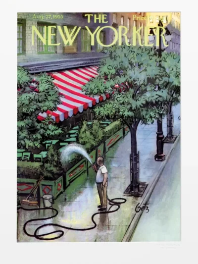 L’arroseur et la rosée. Scène de trottoir matinale sous le pinceau d’Arthur Getz pour cette couverture du New Yorker du 27 août 1955