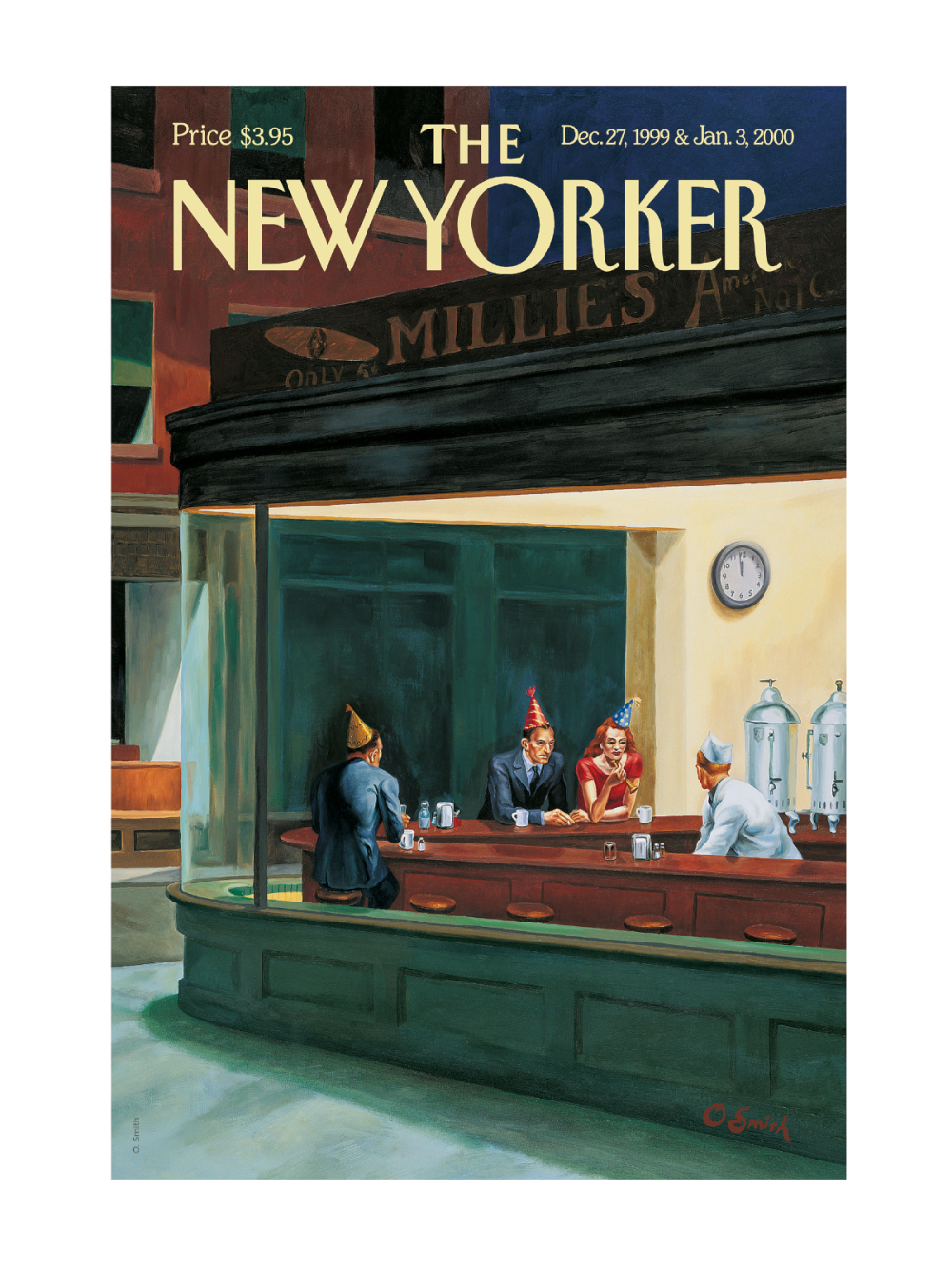 Hommage à Edward Hopper par Owen Smith sur la couverture du New Yorker du 27 décembre 1999. Nighthawks, tableau iconique de la mélancolie urbaine.