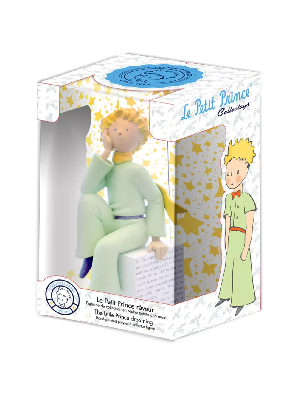 Figurine en résine et peinte à la main du petit prince rêveur. Modèle de collection. Personnages imaginés par St Exupéry qui nous plonge dans l'univers magique et poétique. Des extraits du texte original décorent le cube sur lequel il est assis.