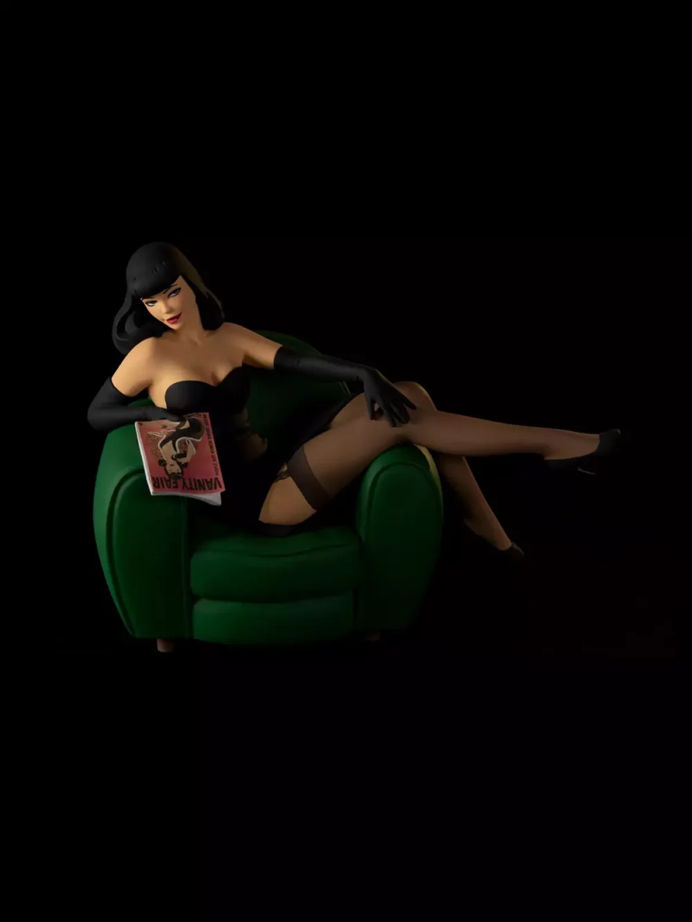 Figurine de Pin up assise dans son fauteuil club lisant Vanity Fair. Son maquillage impeccable, une silhouette de rêve dans une simple robe noire.