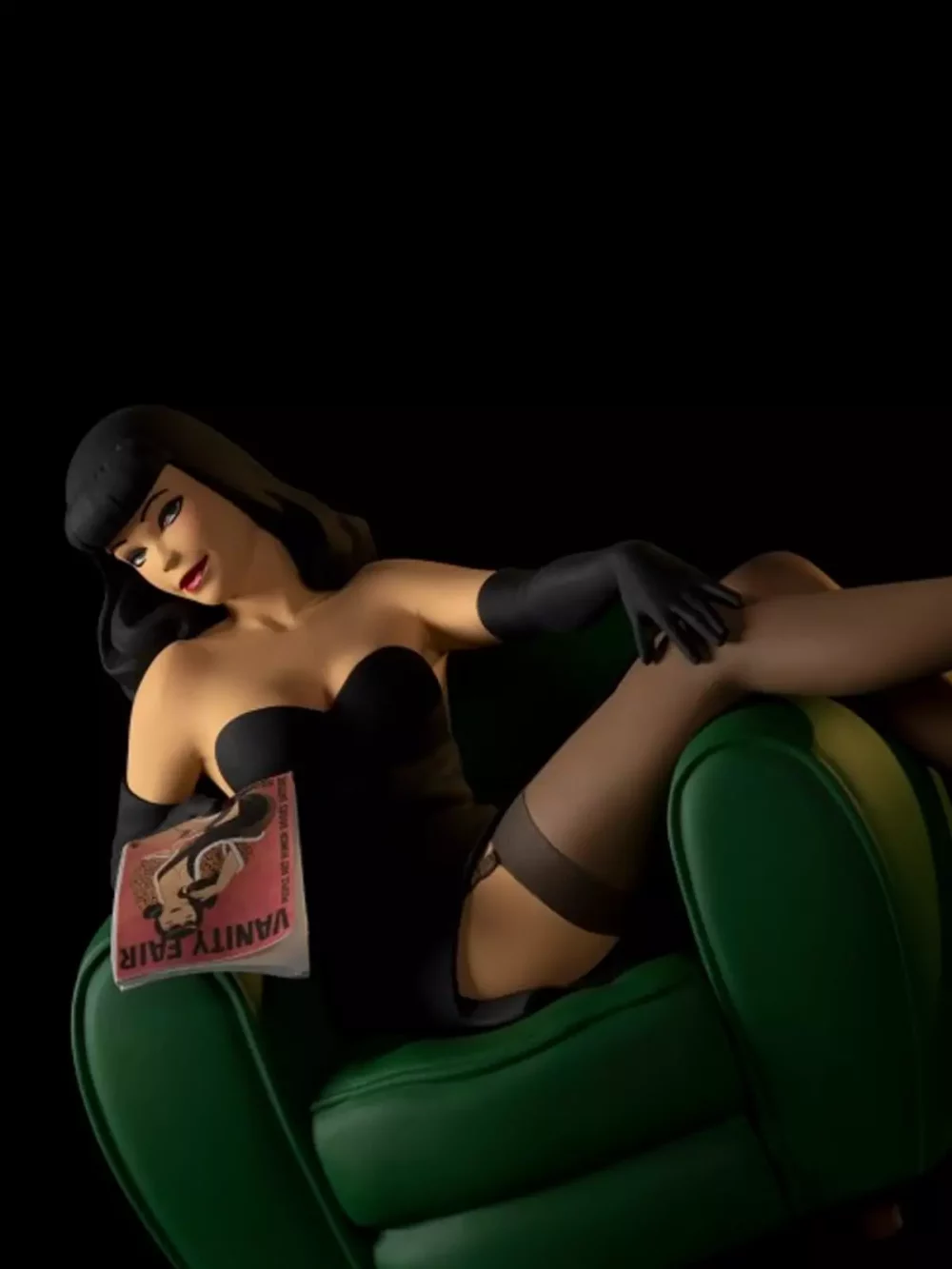 Figurine de Pin up assise dans son fauteuil club lisant Vanity Fair. Son maquillage impeccable, une silhouette de rêve dans une simple robe noire.