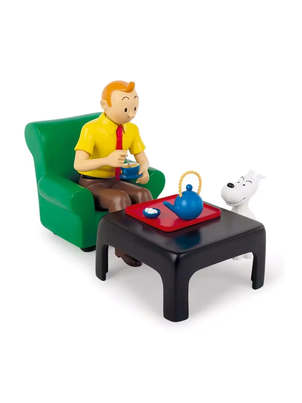 Figurine reproduisant fidèlement Tintin prenant le thé réalisée avec une nouvelle résine aux couleurs éclatantes.