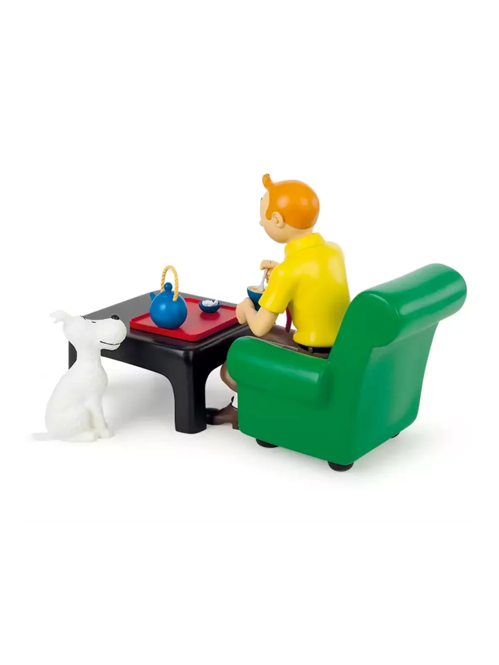 Figurine reproduisant fidèlement Tintin prenant le thé réalisée avec une nouvelle résine aux couleurs éclatantes.