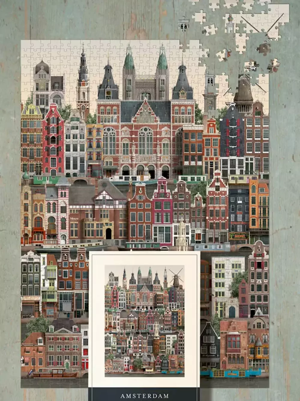 Puzzle représentant la ville d'Amsterdam, 1000 pièces de Martin Schwartz. A vous de reproduire la Venise du Nord. Taille du puzzle 50 x 70 cm.