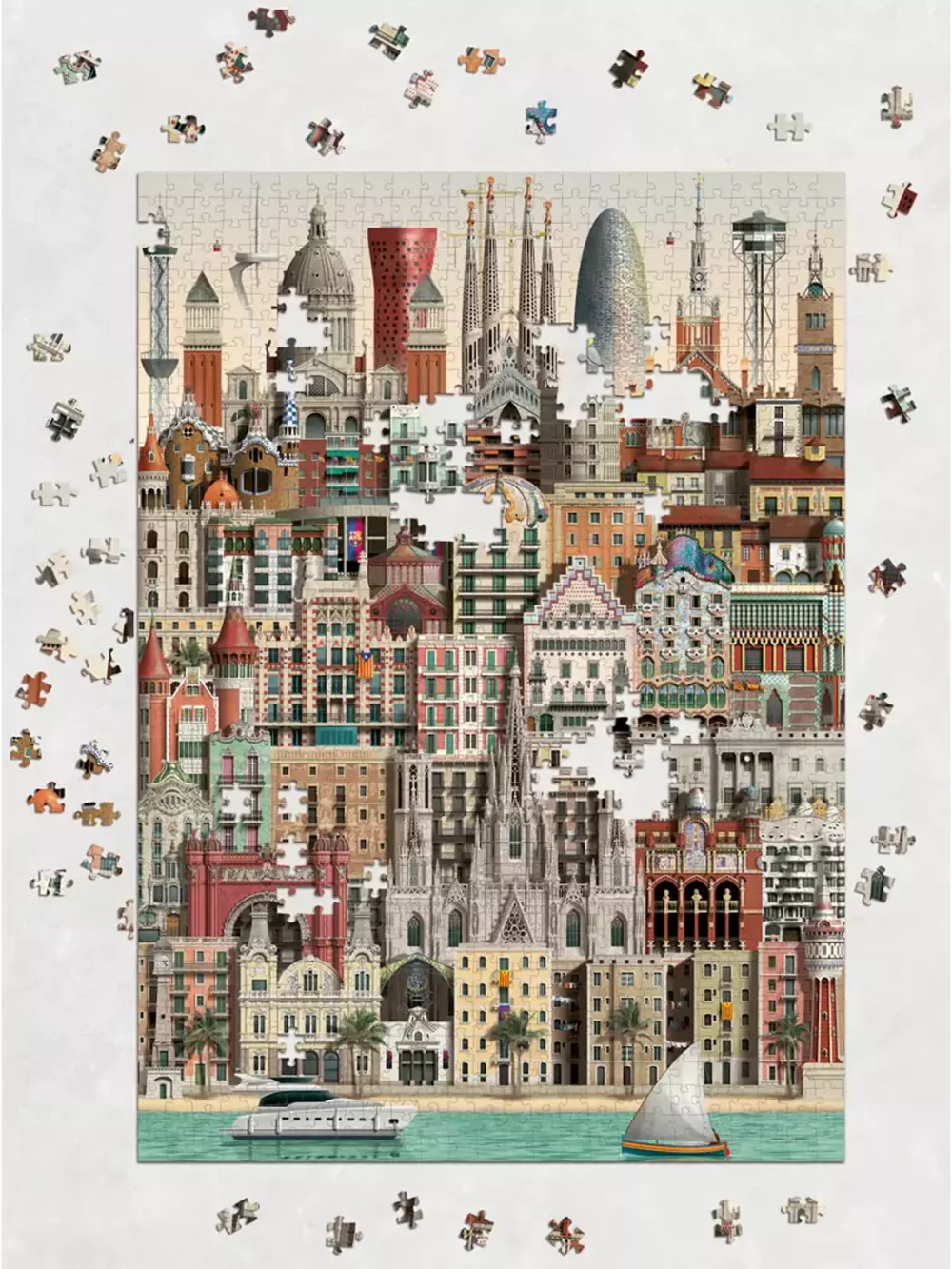 Puzzle représentant la ville de Barcelone, 1000 pièces de Martin Schwartz. A vous de reproduire la capitale Catalane. Taille du puzzle 50 x 70 cm.