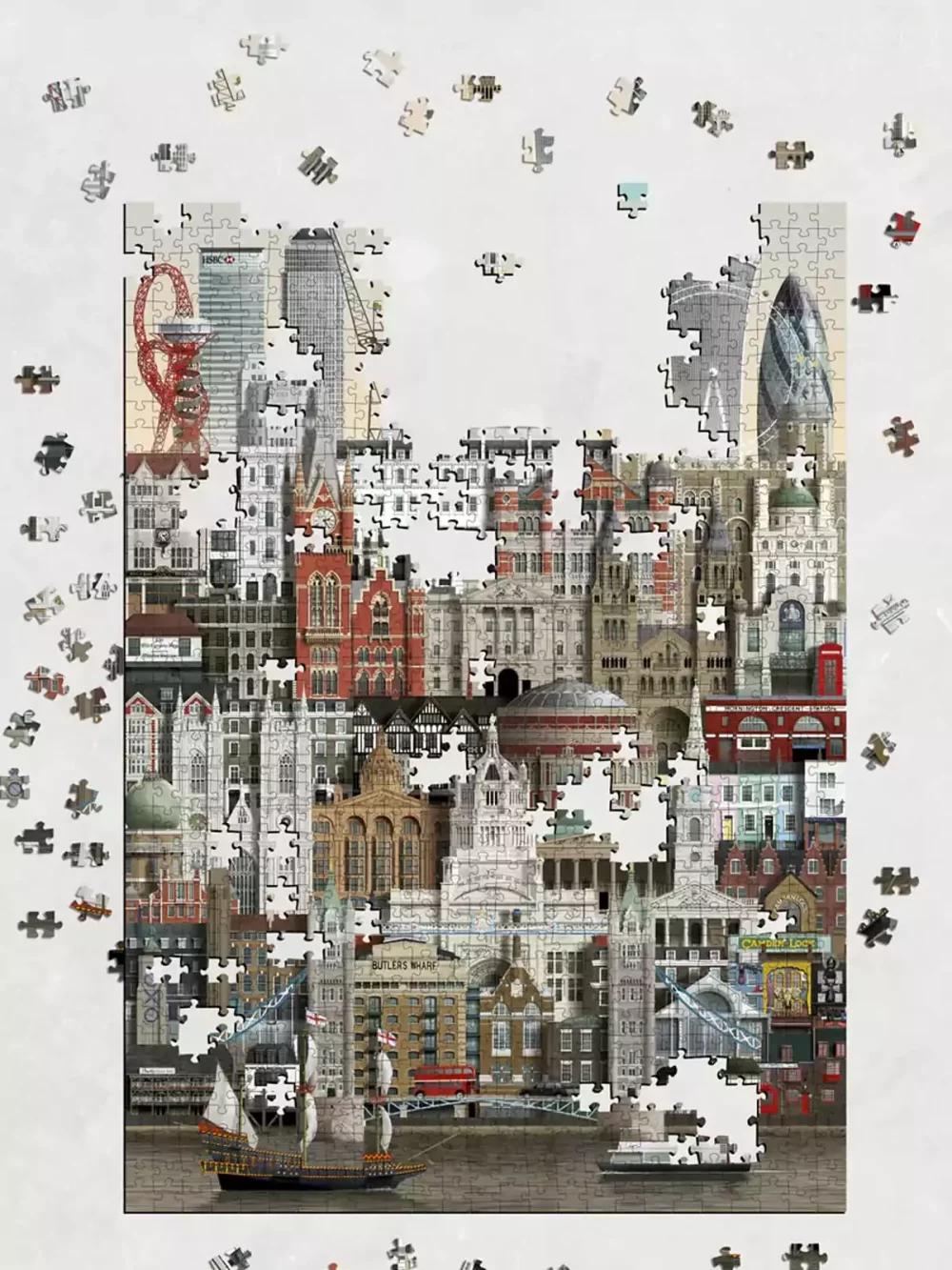 Puzzle représentant la ville de Londres, 1000 pièces de Martin Schwartz. A vous de reproduire le melting pot anglais. Vous trouverez une liste complète des bâtiments ainsi qu’une affiche. Taille du puzzle 50 x 70 cm.