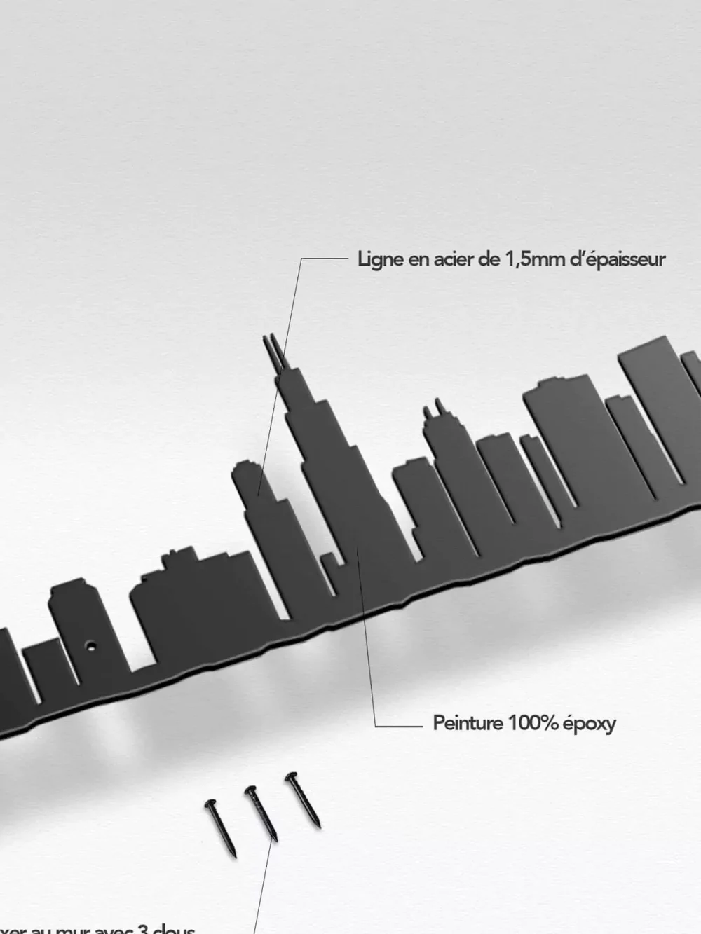 Décoration murale en acier. Représentation de la silhouette de Chicago depuis la rive du lac Michigan. On y aperçoit entre autre la Willis Tower, la Lake Point Tower ainsi que la Trump Tower.