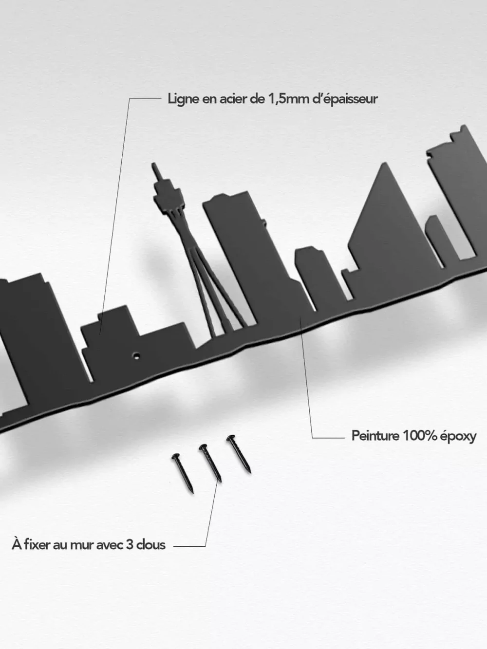 Décoration murale en acier. Représentation de la silhouette de Sydney, On y aperçoit entre autre le Harbour Bridge, le centre-ville avec la Sydney Tower et le légendaire Sydney Opera House !