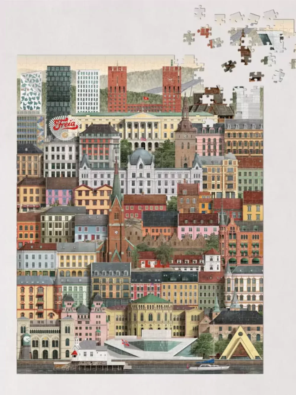 Puzzle représentant la ville de Oslo, 1000 pièces de Martin Schwartz. A vous de reproduire Christiania. Vous trouverez une liste complète des bâtiments ainsi qu’une affiche.