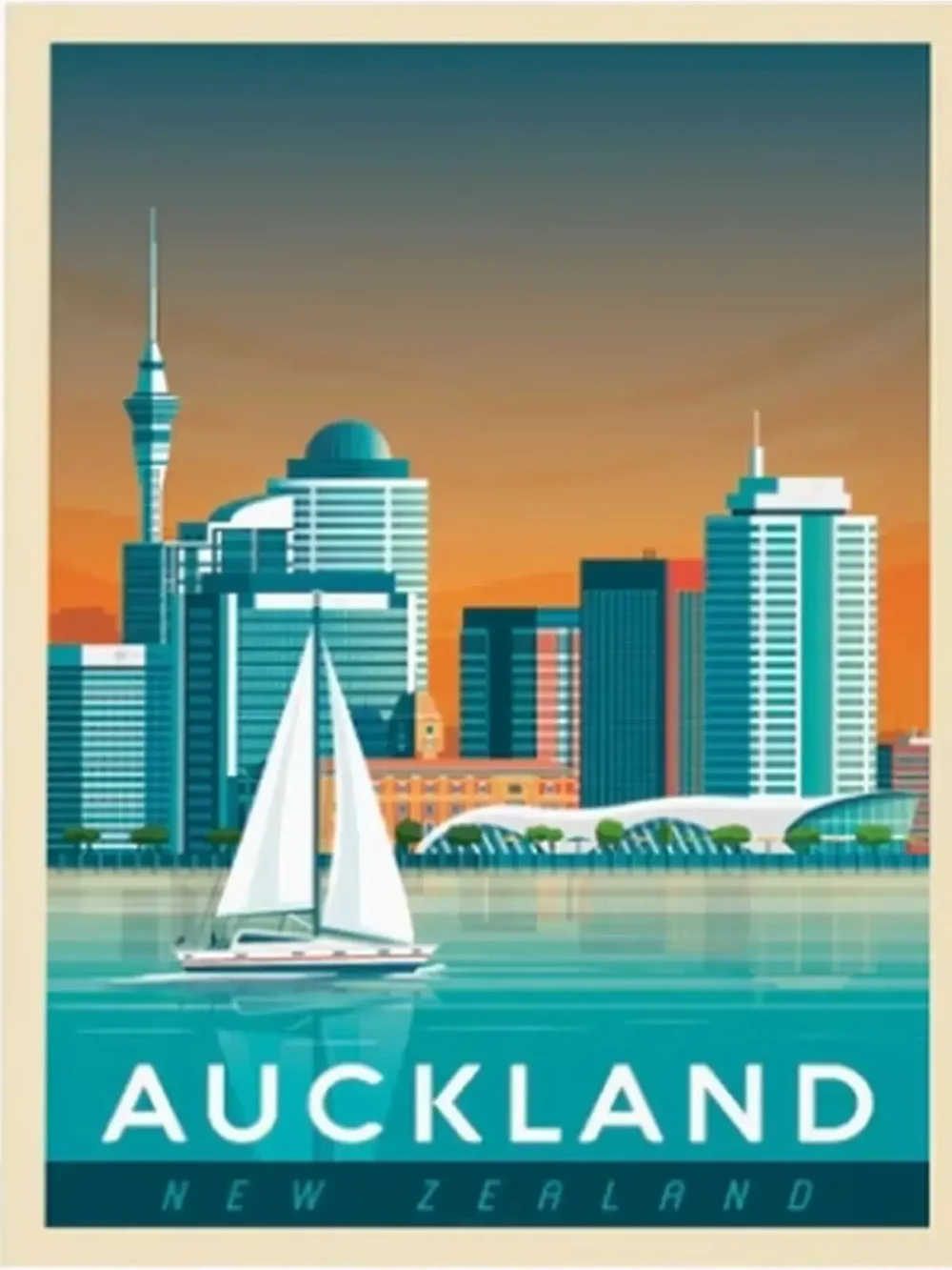 Affiche de la ville d'Auckland en Nouvelle-Zélande au style vintage. Cette affiche au design rétro et coloré égayera votre décoration intérieur de votre maison