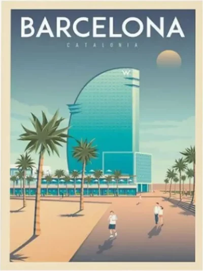 Affiche de la ville de Barcelone en Espagne au style vintage. Cette affiche au design rétro et coloré égayera votre décoration intérieur de votre maison