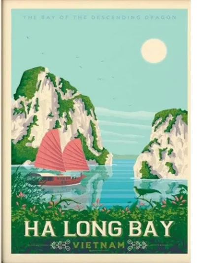 Affiche de la Baie de Ha Long au Vietnam au style vintage. Cette affiche au design rétro et coloré égayera votre décoration intérieur de votre maison