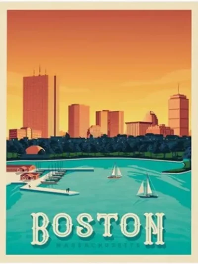 Affiche de la ville de Boston aux Etats-Unis au style vintage. Cette affiche au design rétro et coloré égayera votre décoration intérieur de votre maison