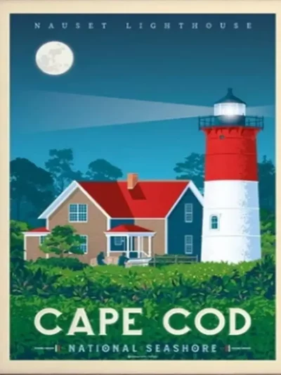 Affiche de la presqu'île de Cape Cod aux Etats-Unis au style vintage. Cette affiche au design rétro et coloré égayera votre décoration intérieur de votre maison