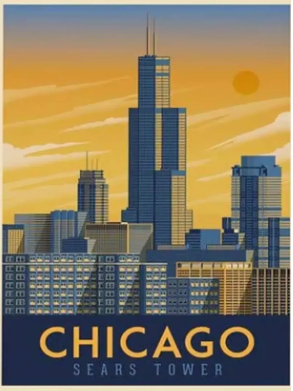 Affiche de la ville de Chicago aux Etats-Unis au style vintage. Cette affiche au design rétro et coloré égayera votre décoration intérieur de votre maison.