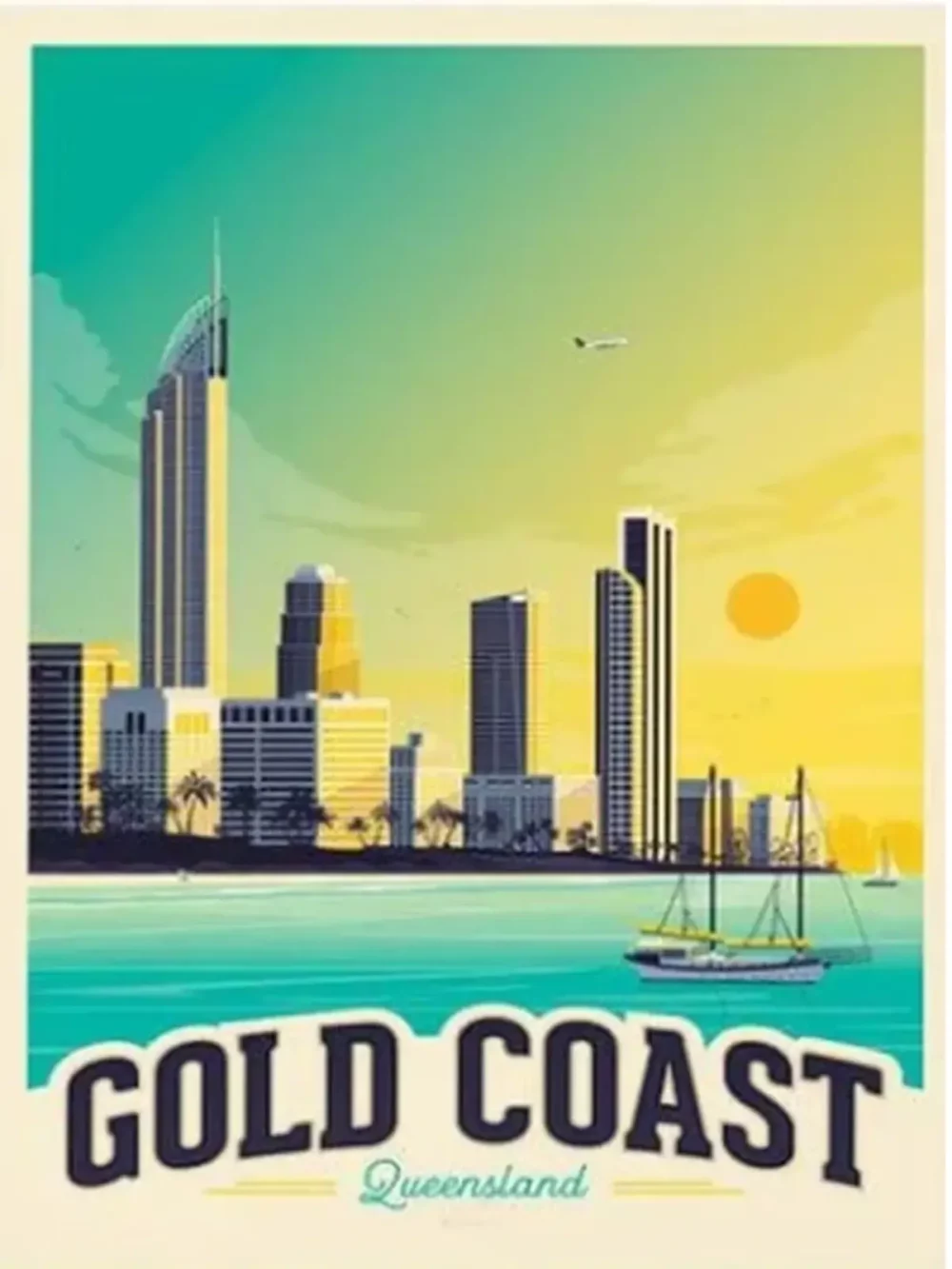 Affiche de la ville de Gold Coast en Australie au style vintage. Cette affiche au design rétro et coloré égayera votre décoration intérieur de votre maison