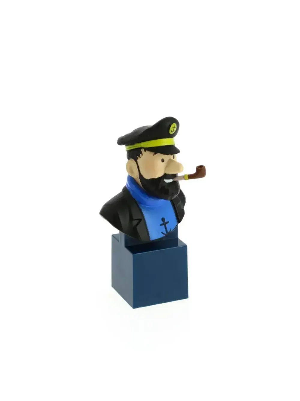 Petit buste du capitaine Haddock sur socle bleu. Collection de huit figurines en PVC d'une hauteur de 7,5cm.