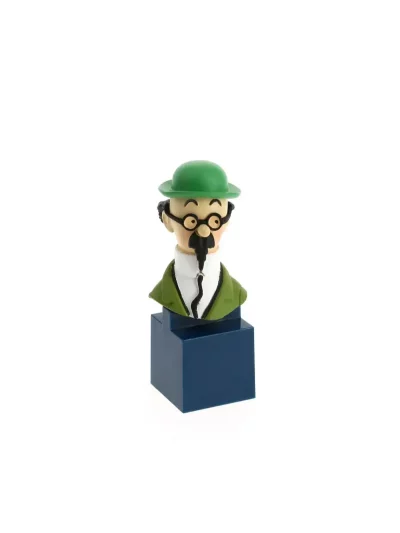 Petit buste du professeur Tournesol sur socle bleu. Collection de huit figurines en PVC d'une hauteur de 7,5cm. Ne convient pas aux enfants de moins de 7 ans.