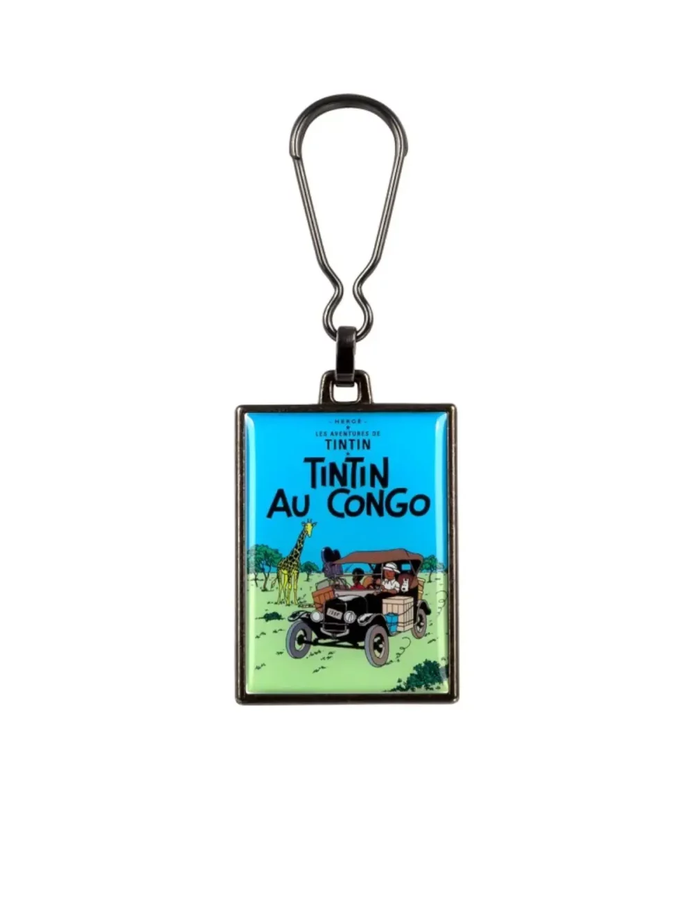 La couverture de l'album "Tintin au Congo" en porte-clés métallique. Ce porte clés apportera une touche d’amusement et d’aventure à votre quotidien.