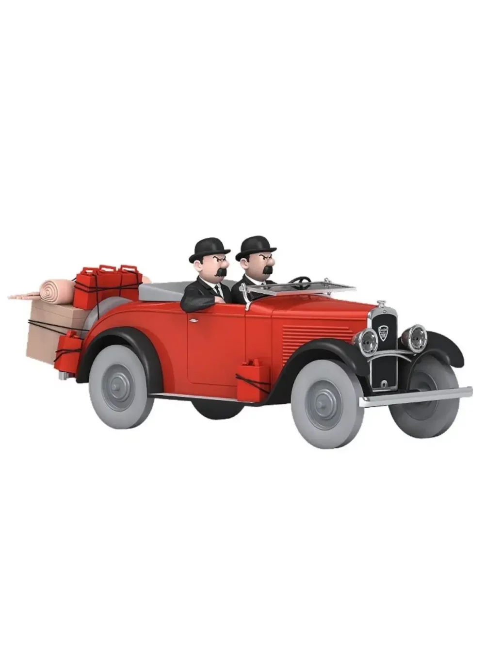 Dans Tintin au pays de l’or noir, les inséparables Dupond et Dupont mènent l’enquête à bord d’un cabriolet rouge. Une auto de style.